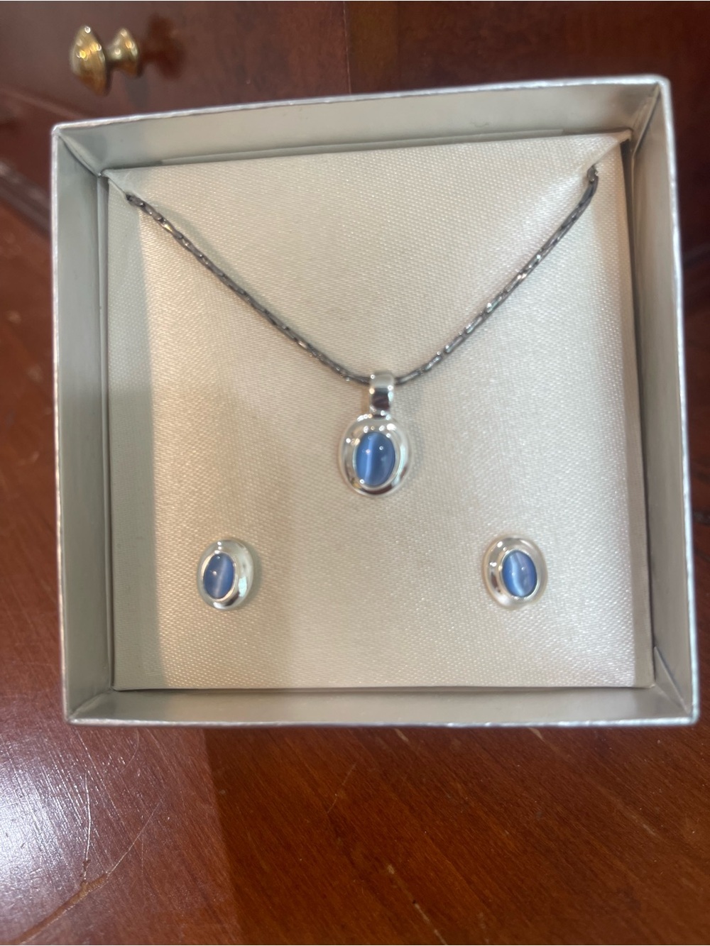 Sterling Silver Blue Oval Pendant Necklace and Stud Earrings Set